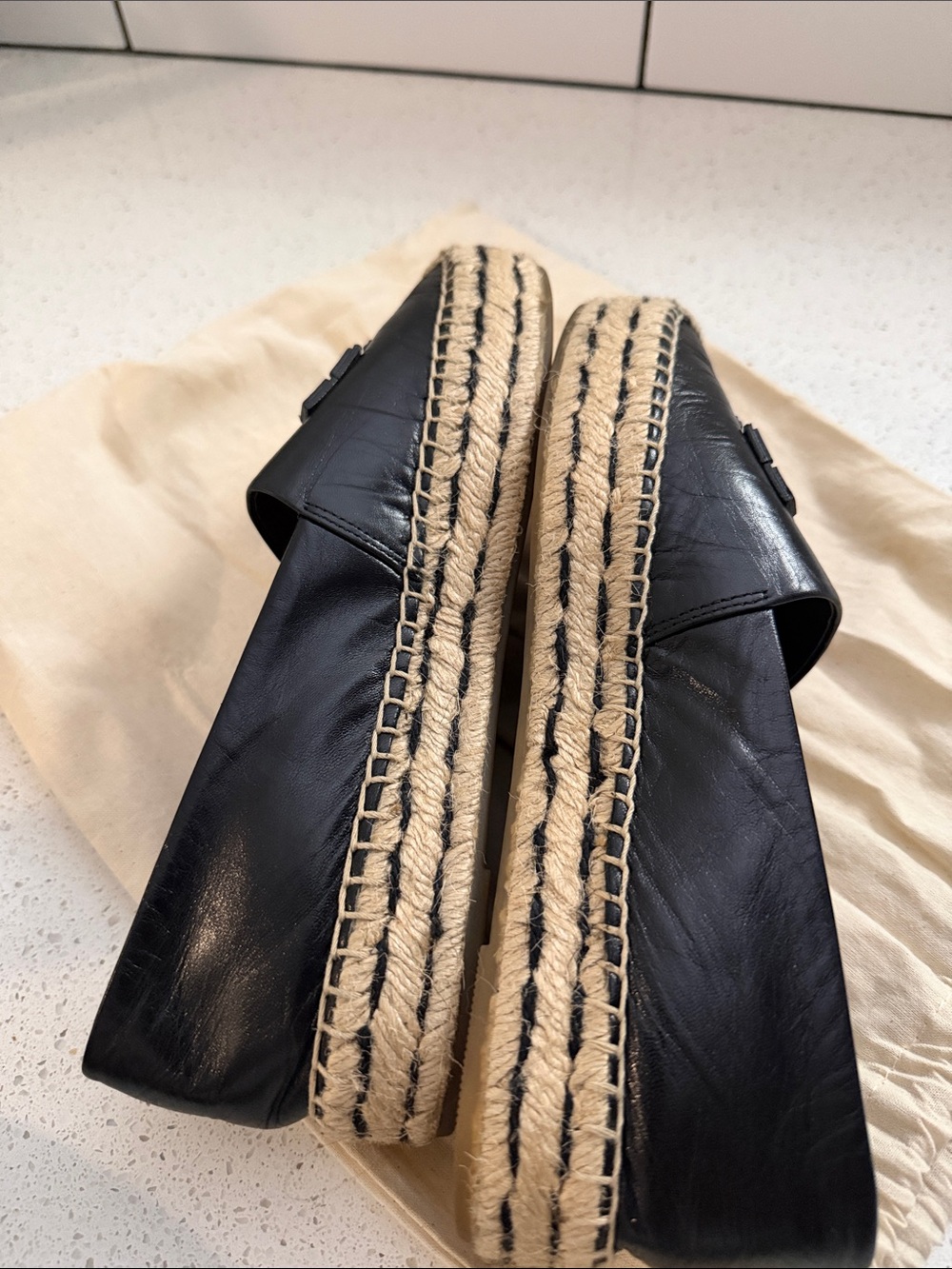 Tory Burch Black Leather Logo Espadrille Loafers with Natural Jute Trim - Picture 4 of 4